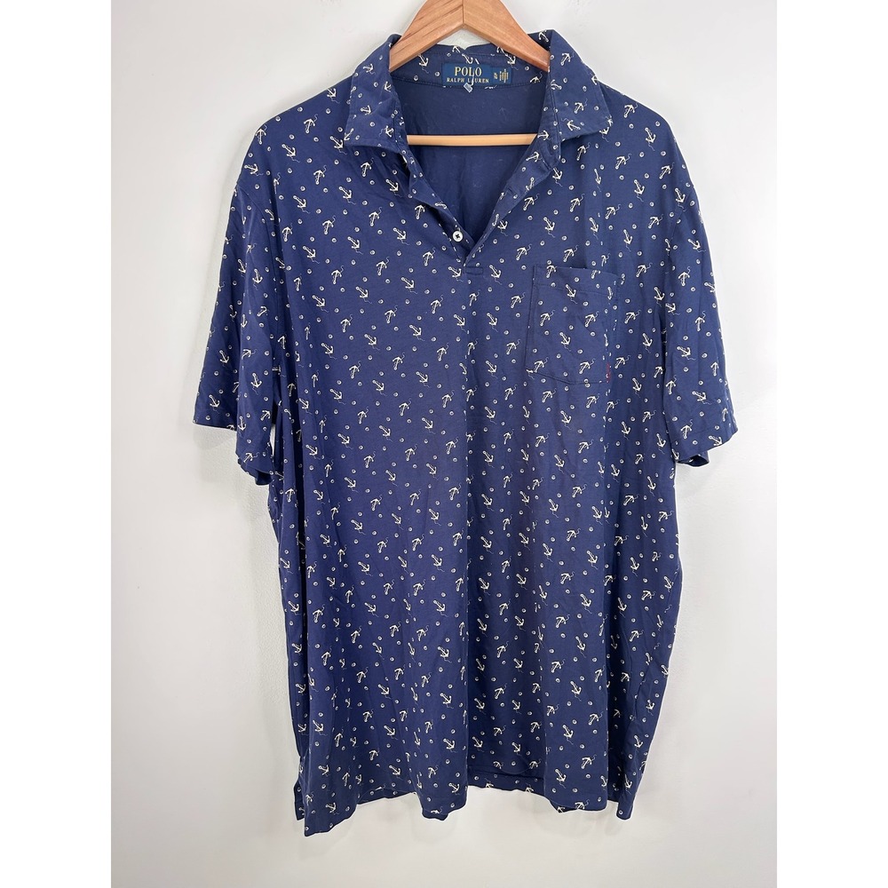 Polo Ralph Lauren Navy Blue Nautical Print Polo Shirt Mens XL Preppy Golf Cotton